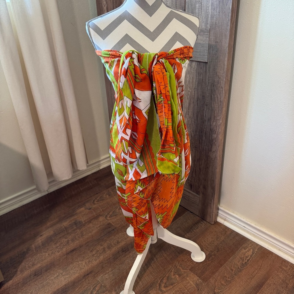 Aztec design Beach sarong scarf swimsuit cover up orange green white  70x40”